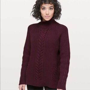 Lululemon Chunky Cable Knit Turtleneck Sweater‎ Burgundy Cozy Pullover Womens 12